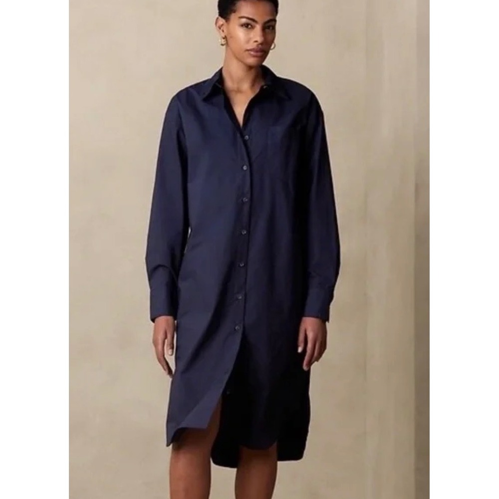 Banana Republic Womens Navy Blue Poplin Midi Shirtdress Long Sleeve Size S $130